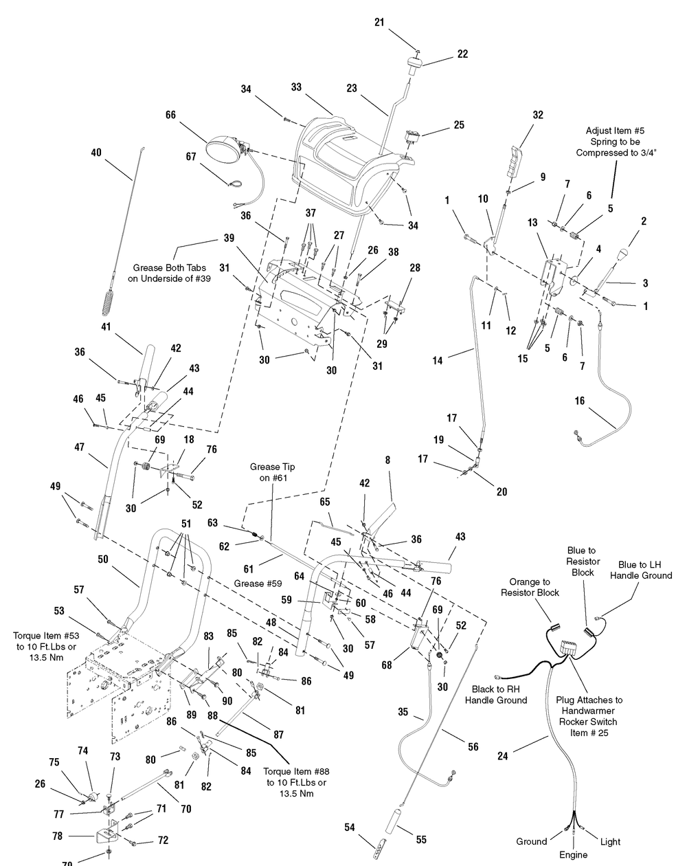 Handles And Controls Group Diagram and Parts List for 1695070-966D 2006 Briggs and Stratton Snow Blower